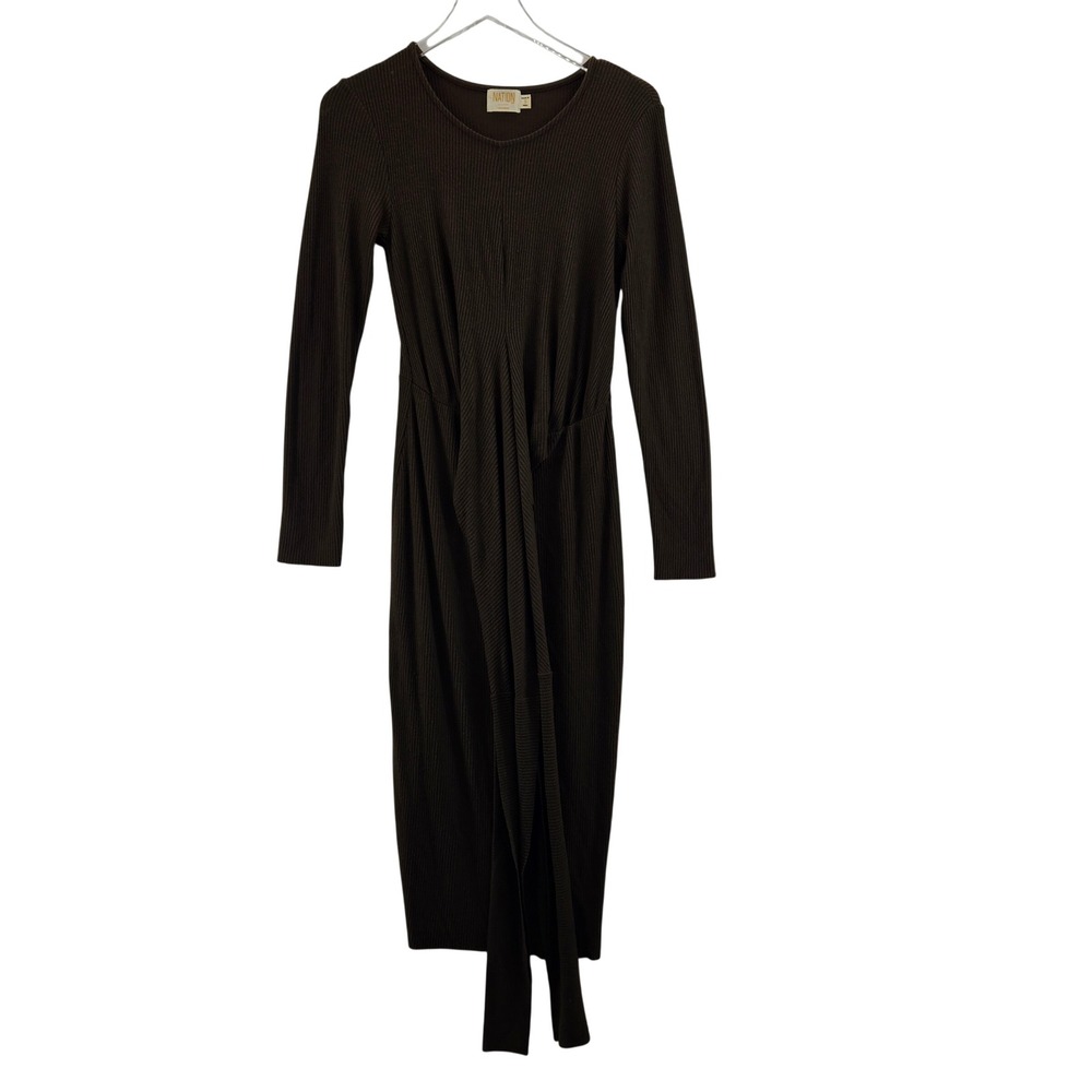 Nation LTD Brown Ribbed Long Sleeve Draped Midi Dress Small Travel Bohemian